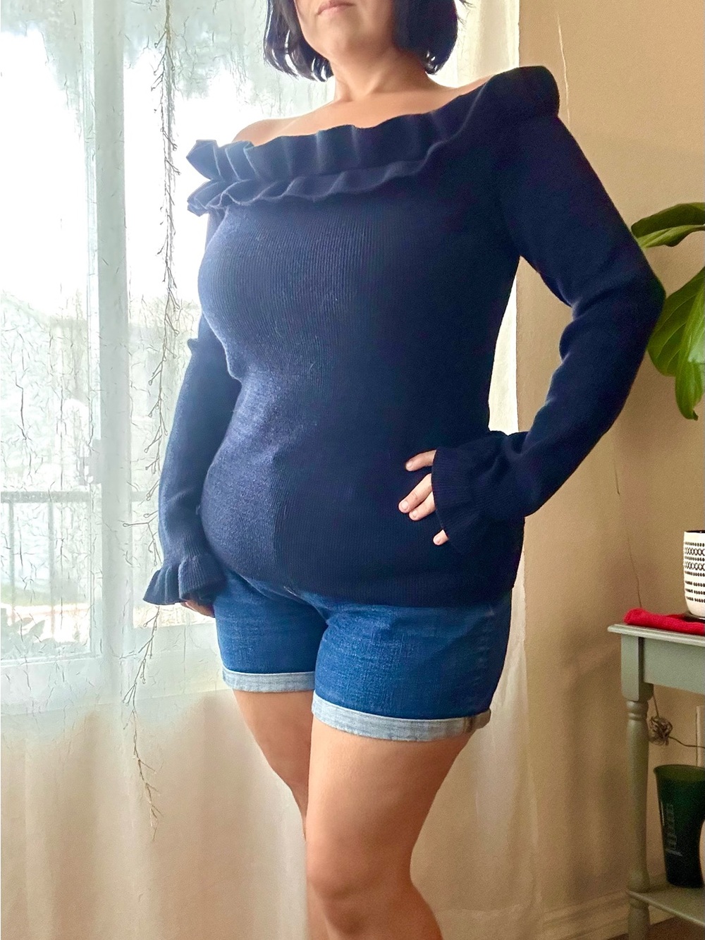 WHBM Navy Blue Off-the-Shoulder Ruffle Knit Sweater